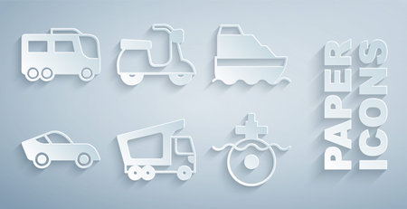 Set Delivery cargo truck, Cruise ship, Car, Submarine, Scooter and Bus icon. Vectorのイラスト素材