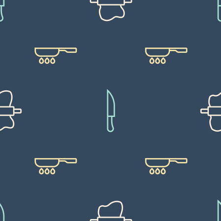 Set line Rolling pin on dough, Frying pan and Knife on seamless pattern. Vectorのイラスト素材