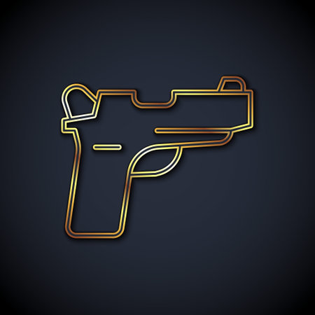 Gold line Pistol or gun icon isolated on black background. Police or military handgun. Small firearm. Vectorのイラスト素材