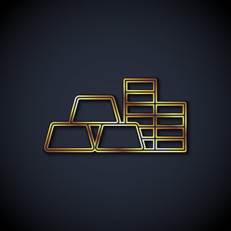 Gold line Gold coin with gold bars icon isolated on black background. Banking currency sign. Cash symbol. Vectorのイラスト素材