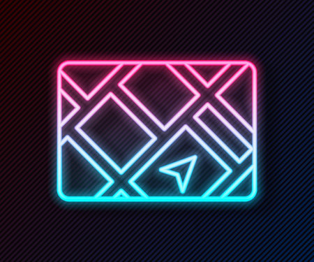 Glowing neon line Gps device with map icon isolated on black background. Vectorのイラスト素材
