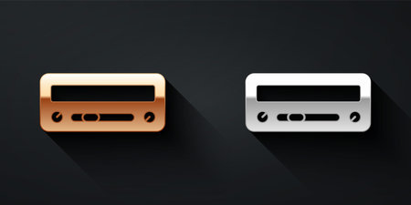 Gold and silver Car audio icon isolated on black background. Fm radio car audio icon. Long shadow style. Vectorのイラスト素材
