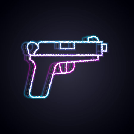 Glowing neon line Pistol or gun icon isolated on black background. Police or military handgun. Small firearm. Vectorのイラスト素材