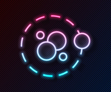 Glowing neon line Atom icon isolated on black background. Symbol of science, education, nuclear physics, scientific research. Vectorのイラスト素材