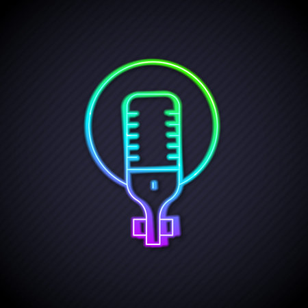 Glowing neon line Microphone icon isolated on black background. On air radio mic microphone. Speaker sign. Vectorのイラスト素材