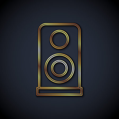Gold line Stereo speaker icon isolated on black background. Sound system speakers. Music icon. Musical column speaker bass equipment. Vectorのイラスト素材