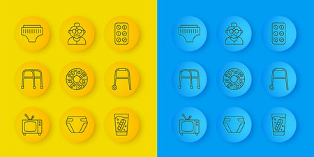 Set line Retro tv, Walker, Vitamin pill, False jaw glass, Adult diaper, Pills blister pack and Grandmother icon. Vectorのイラスト素材