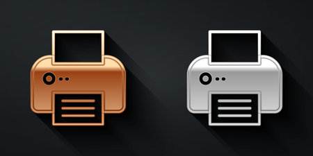 Gold and silver Printer icon isolated on black background. Long shadow style. Vectorのイラスト素材