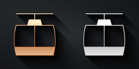 Gold and silver Cable car icon isolated on black background. Funicular sign. Long shadow style. Vectorのイラスト素材