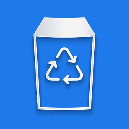 Paper cut Recycle bin with recycle symbol icon isolated on blue background. Trash can icon. Garbage bin sign. Recycle basket sign. Paper art style. Vectorのイラスト素材