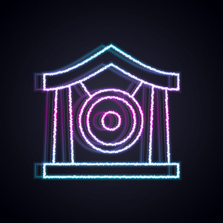 Glowing neon line Gong musical percussion instrument circular metal disc icon isolated on black background. Vectorのイラスト素材