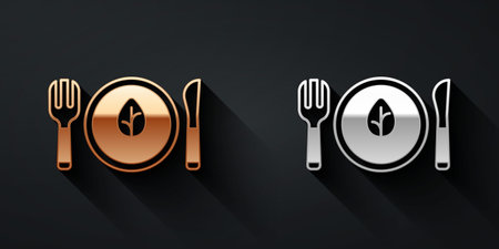 Gold and silver Vegan food diet icon isolated Gold and silver background. Organic, bio, eco symbol. Vegan, no meat, lactose free, healthy, fresh and nonviolent food. Long shadow style. Vectorのイラスト素材