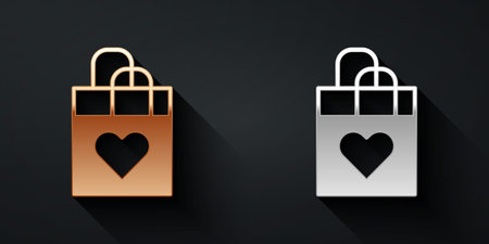 Gold and silver Shopping bag with heart icon isolated on black background. Shopping bag shop love like heart icon. Happy Valentines day. Long shadow style. Vectorのイラスト素材
