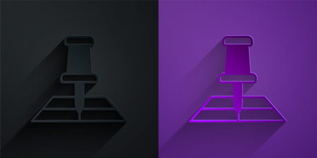 Paper cut Folded map with location marker icon isolated on black on purple background. Paper art style. Vectorのイラスト素材