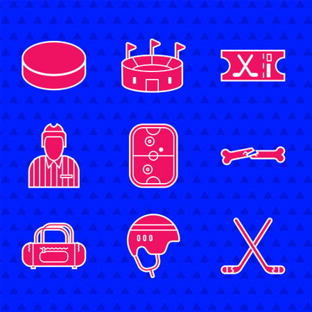 Set Air hockey table, Hockey helmet, Ice sticks, Human broken bone, Sport bag, judge, referee, arbiter, sports ticket and puck icon. Vectorのイラスト素材