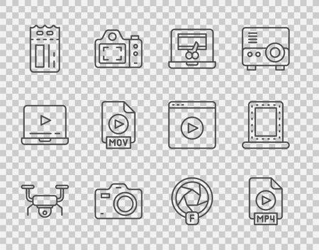 Set line Drone flying, MP4 file document, Video recorder laptop, Photo camera, Cinema ticket, MOV, Camera shutter and Makeup mirror with lights icon. Vectorのイラスト素材