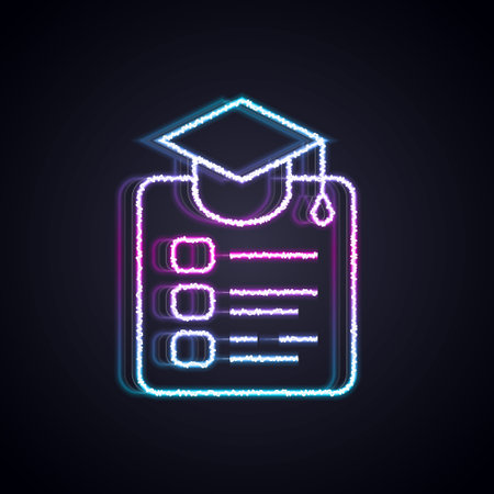 Glowing neon line Online education and graduation icon isolated on black background. Online teacher on monitor. Webinar and video seminar learning. Vectorのイラスト素材