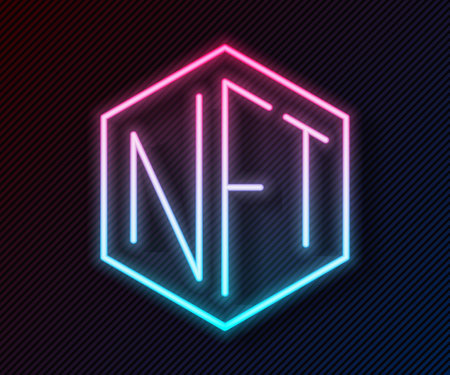 Glowing neon line NFT Digital crypto art icon isolated on black background. Non fungible token. Vectorのイラスト素材