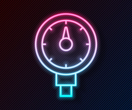 Glowing neon line Tire pressure gauge icon isolated on black background. Checking tire pressure. Gauge, manometer. Car safe concept. Vectorのイラスト素材