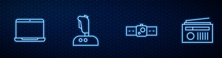 Set line Smartwatch, Laptop, Joystick for arcade machine and Radio with antenna. Glowing neon icon on brick wall. Vectorのイラスト素材