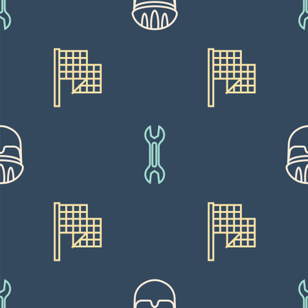 Set line Bicycle helmet, Checkered flag and Wrench spanner on seamless pattern. Vectorのイラスト素材