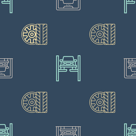 Set line Car wash, tire wheel and Repair car on lift on seamless pattern. Vectorのイラスト素材