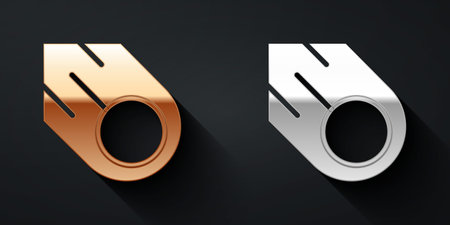 Gold and silver Comet falling down fast icon isolated on black background. Long shadow style. Vectorのイラスト素材