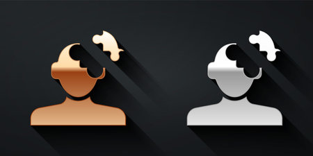 Gold and silver Solution to the problem in psychology icon isolated on black background. Puzzle. Therapy for mental health. Long shadow style. Vectorのイラスト素材