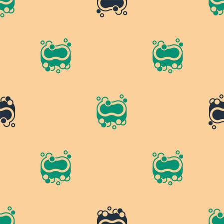 Green and black Bar of soap icon isolated seamless pattern on beige background. Soap bar with bubbles. Vectorのイラスト素材