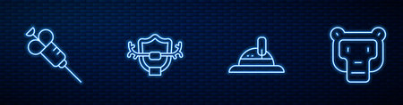 Set line Hunter hat, Syringe, Deer antlers on shield and Monkey. Glowing neon icon on brick wall. Vectorのイラスト素材