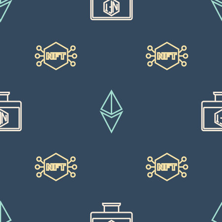 Set line Monitor with art store app, NFT Digital crypto and Ethereum ETH on seamless pattern. Vectorのイラスト素材