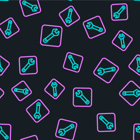Line Wrench spanner icon isolated seamless pattern on black background. Spanner repair tool. Service tool symbol. Vectorのイラスト素材
