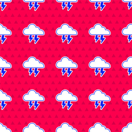 Blue Storm icon isolated seamless pattern on red background. Cloud and lightning sign. Weather icon...