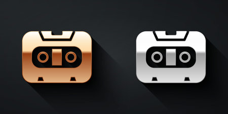 Gold and silver Retro audio cassette tape icon isolated on black background. Long shadow style. Vectorのイラスト素材