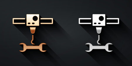 Gold and silver 3D printer wrench spanner icon isolated on black background. 3d printing. Long...