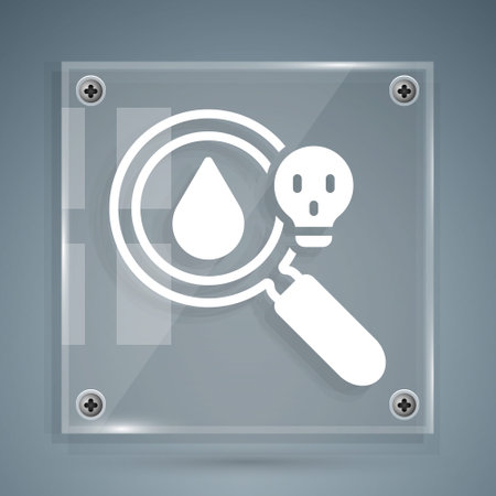 White Poisonous research magnifying glass icon isolated on grey background. Square glass panels. Vectorのイラスト素材