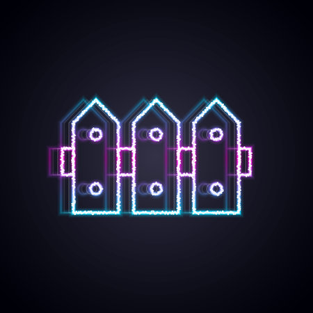 Glowing neon line Garden fence wooden icon isolated on black background. Vectorのイラスト素材