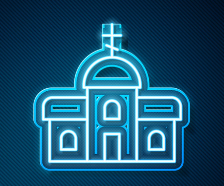 Glowing neon line Church building icon isolated on blue background. Christian Church. Religion of church. Vectorのイラスト素材