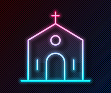 Glowing neon line Church building icon isolated on black background. Christian Church. Religion of church. Vectorのイラスト素材
