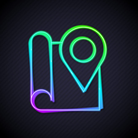 Glowing neon line Folded map with location marker icon isolated on black background. Vectorのイラスト素材