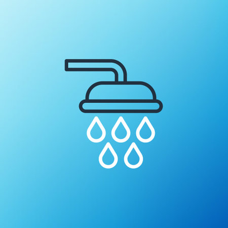 Line Shower head with water drops flowing icon isolated on blue background. Colorful outline concept. Vectorのイラスト素材