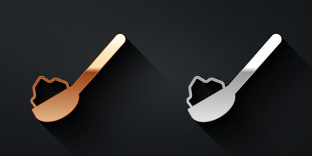 Gold and silver Spoon with sugar icon isolated on black background. Teaspoon for tea or coffee. Long shadow style. Vectorのイラスト素材