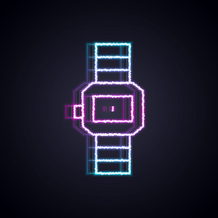 Glowing neon line Wrist watch icon isolated on black background. Wristwatch icon. Vectorのイラスト素材