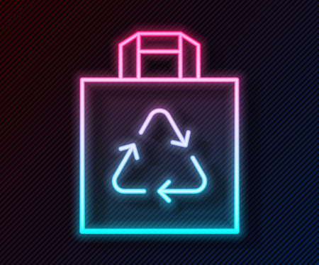Glowing neon line Paper shopping bag with recycle icon isolated on black background. Bag with recycling symbol. Vectorのイラスト素材