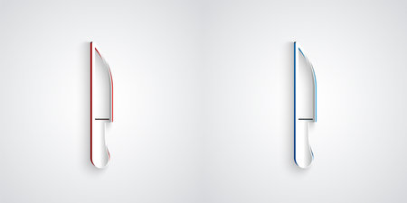 Paper cut Knife icon isolated on grey background. Cutlery symbol. Paper art style. Vectorのイラスト素材