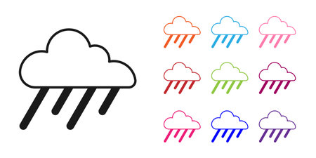 Black Cloud with rain icon isolated on white background. Rain cloud precipitation with rain drops. Set icons colorful. Vectorのイラスト素材