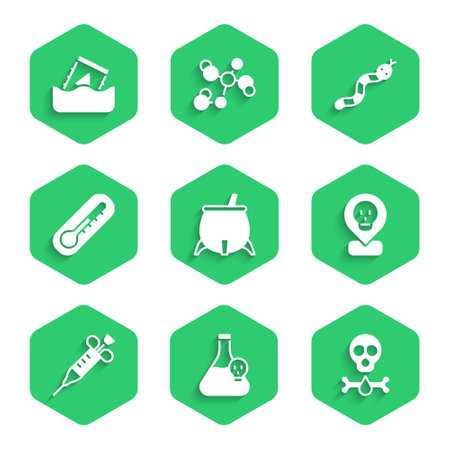 Set Witch cauldron, Beaker with toxic liquid, Bones and skull, Radioactive in location, Syringe, Thermometer, Snake and waste barrel icon. Vectorのイラスト素材