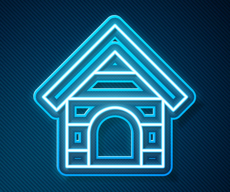 Glowing neon line Dog house icon isolated on blue background. Dog kennel. Vectorのイラスト素材