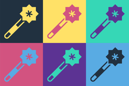 Pop art Magic wand icon isolated on color background. Star shape magic accessory. Magical power. Vectorのイラスト素材