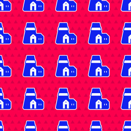 Blue Power station plant and factory icon isolated seamless pattern on red background. Energy industrial concept. Vectorのイラスト素材